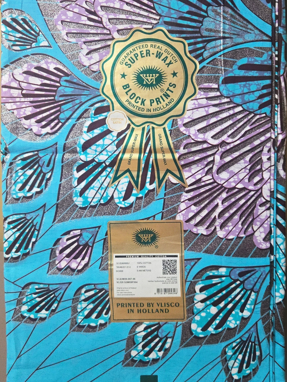Vlisco Super-Wax Block Print Cotton Fabric - Turquoise & Purple Floral